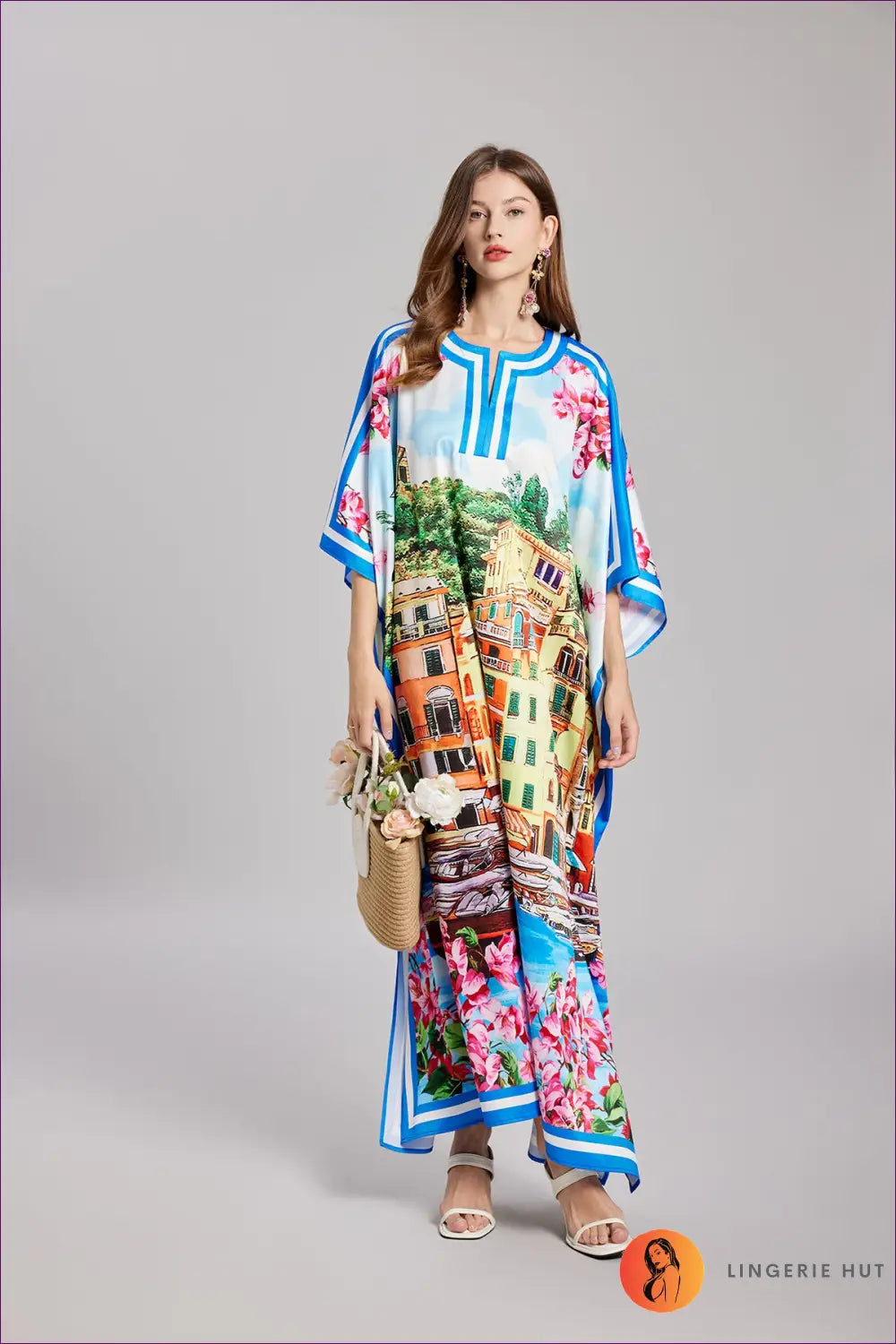 Cityscape Print Maxi Dress - Puff Sleeve Resort Style - s / Multi-1 - Dresses - Clothing • Floral • Glamour • Party