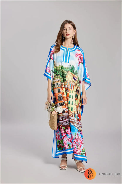 Cityscape Print Maxi Dress - Puff Sleeve Resort Style - s / Multi-1 - Dresses - Clothing • Floral • Glamour • Party