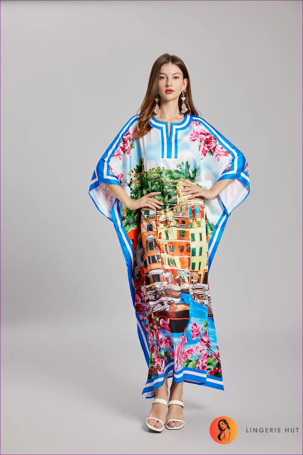 Cityscape Print Maxi Dress - Puff Sleeve Resort Style - Dresses - Clothing • Floral • Glamour • Party - Lingerie Hut