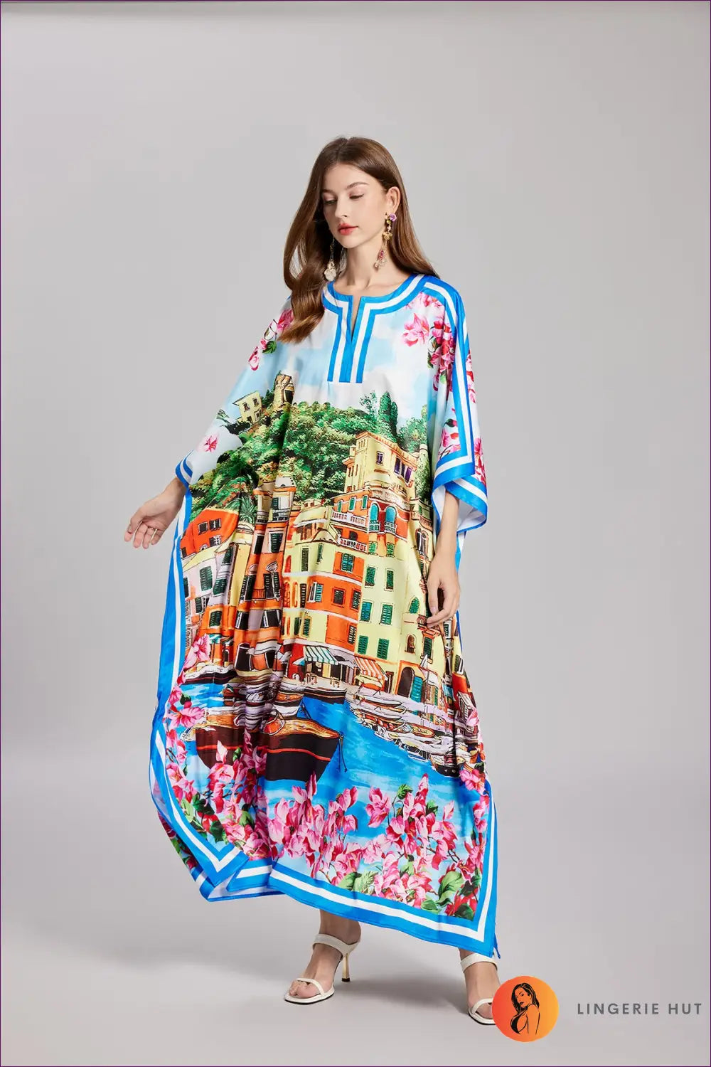 Cityscape Print Maxi Dress - Puff Sleeve Resort Style - Dresses - Clothing • Floral • Glamour • Party - Lingerie Hut