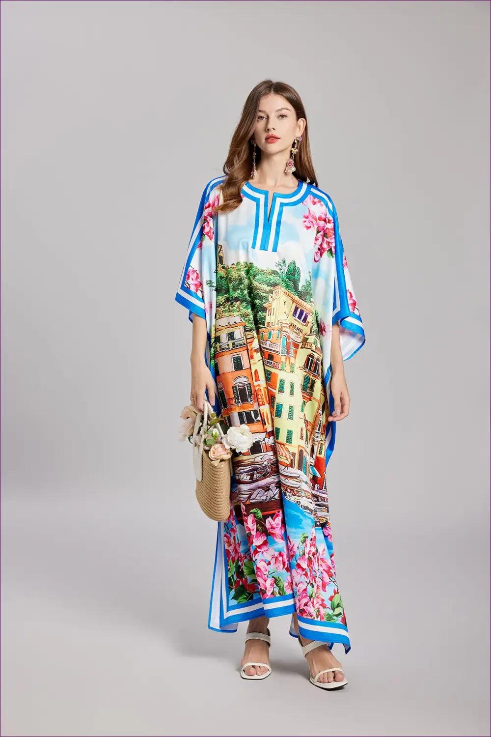 Cityscape Print Maxi Dress - Puff Sleeve Resort Style - Dresses - Clothing • Floral • Glamour • Party - Lingerie Hut