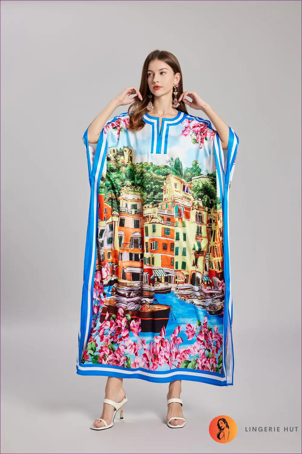 Cityscape Print Maxi Dress - Puff Sleeve Resort Style - Dresses - Clothing • Floral • Glamour • Party - Lingerie Hut