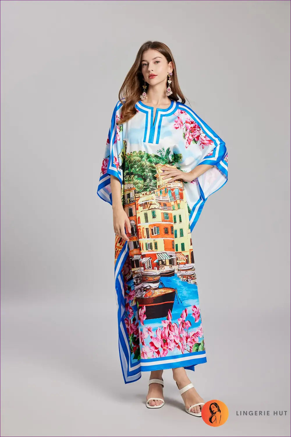 Cityscape Print Maxi Dress - Puff Sleeve Resort Style - Dresses - Clothing • Floral • Glamour • Party - Lingerie Hut
