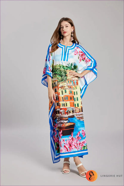 Cityscape Print Maxi Dress - Puff Sleeve Resort Style - Dresses - Clothing • Floral • Glamour • Party - Lingerie Hut
