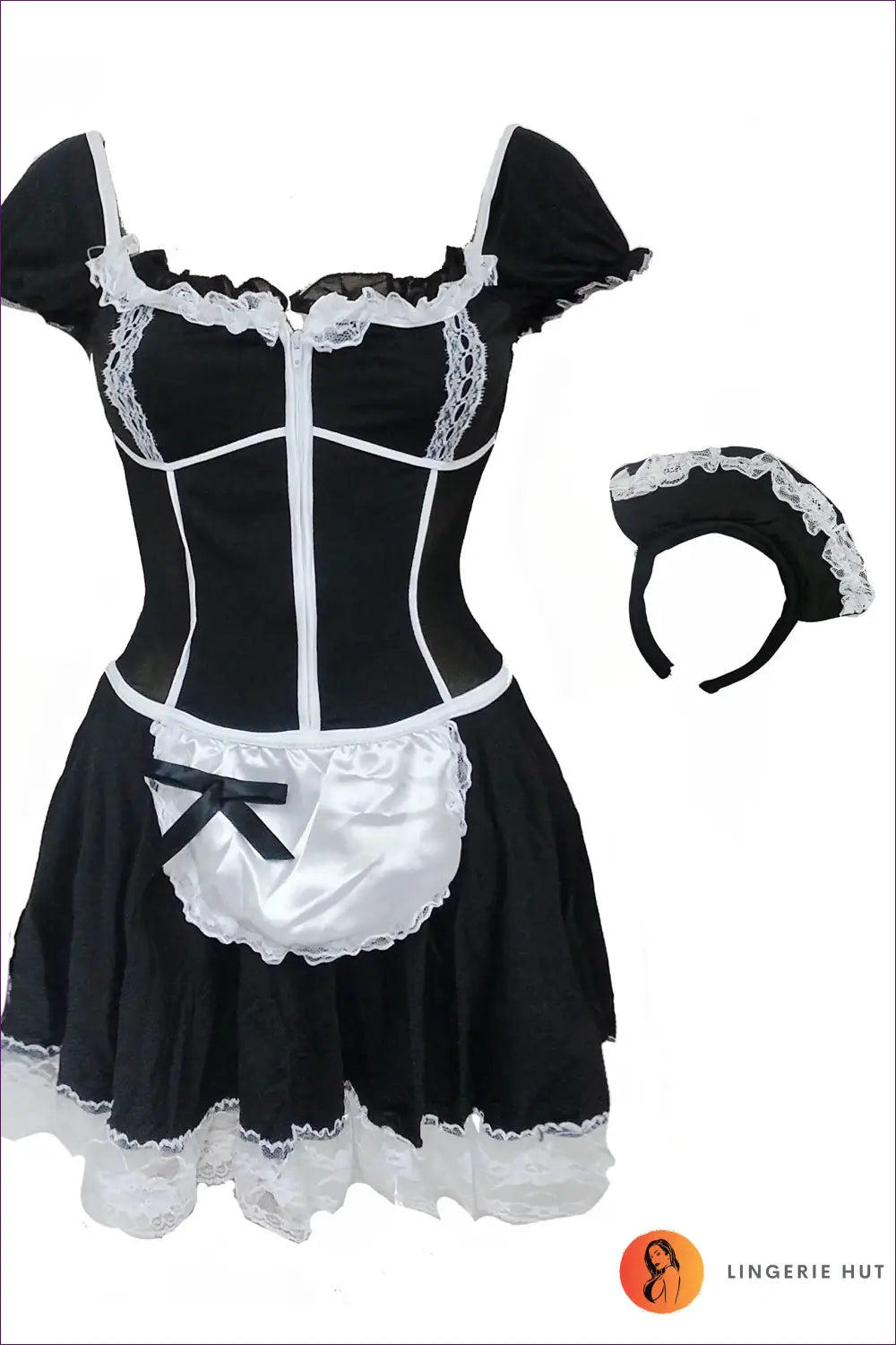 Classic Maid Costume with Apron and Headband - Effortless Role-play - Black / m - Outfit Set - Apron • Lace • Mini