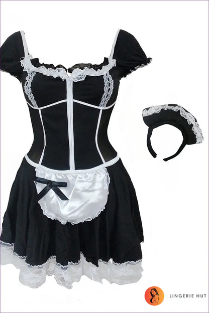 Classic Maid Costume with Apron and Headband - Effortless Role-play - Black / m - Outfit Set - Apron • Lace • Mini