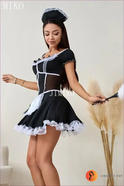 Classic Maid Costume with Apron and Headband - Effortless Role-play - Outfit Set - Apron • Lace • Mini - Lingerie Hut