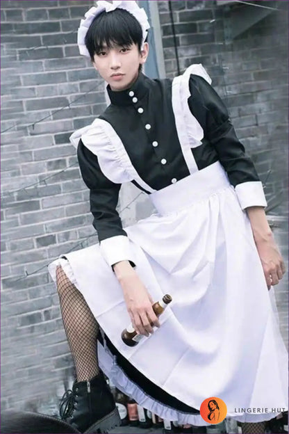 Classic Maid Costume with Apron & Headdress - Fantasy Roleplay Ready - Men / s - Outfit Set - Lingerie Hut - A-line