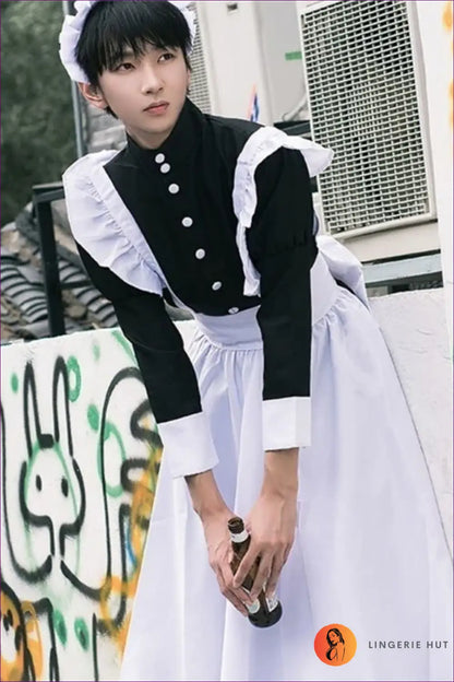 Classic Maid Costume with Apron & Headdress - Fantasy Roleplay Ready - Outfit Set - Lingerie Hut - A-line • All Season