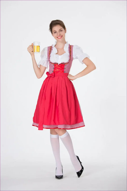 Classic Red Oktoberfest Dirndl - Lace-up Bavarian Charm 🍺 for Costume, Oktoberfest, Retro