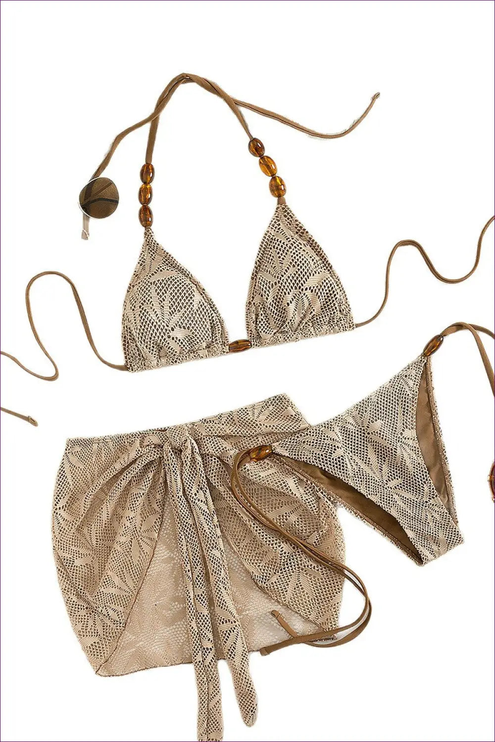 Coffee Crochet Bikini Set with Wooden Bead Ties - Boho Beach Days - Beachwear • just in • Sexy • Summer - Lingerie Hut