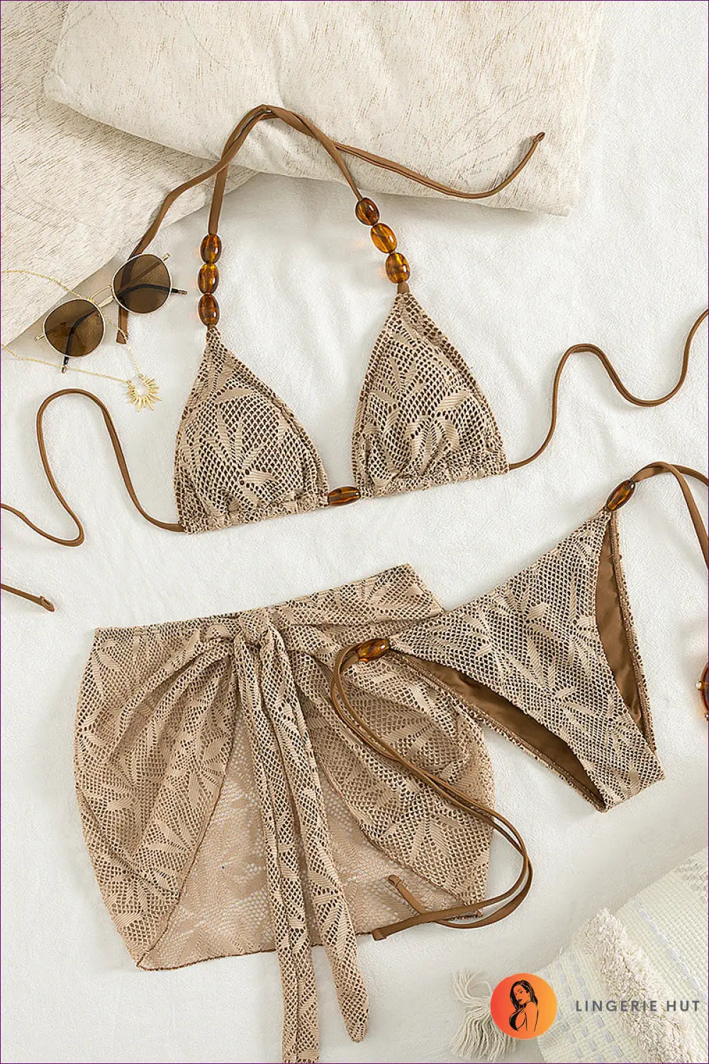 Coffee Crochet Bikini Set with Wooden Bead Ties - Boho Beach Days - s / Beachwear • just in • Sexy • Summer - Lingerie