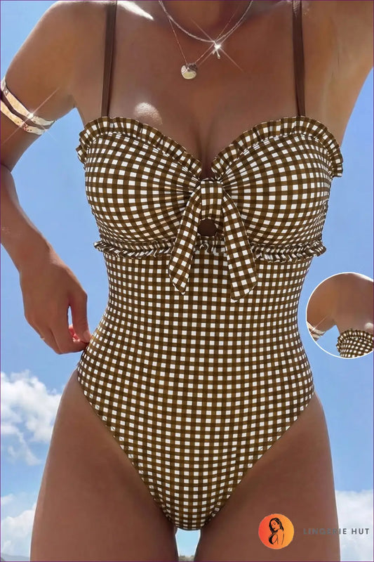 Coffee Gingham Check Swimsuit with Tie-front Bow - Seaside Picnic - s / Swimwear - Beachwear • Boho • just in • Party