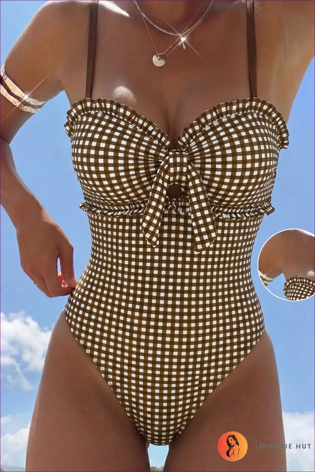 Coffee Gingham Check Swimsuit with Tie-Front Bow - Seaside Picnic