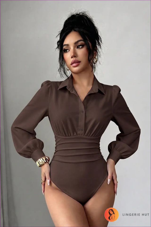 Collared Bodysuit with Puff Sleeve Detail - Office Chic