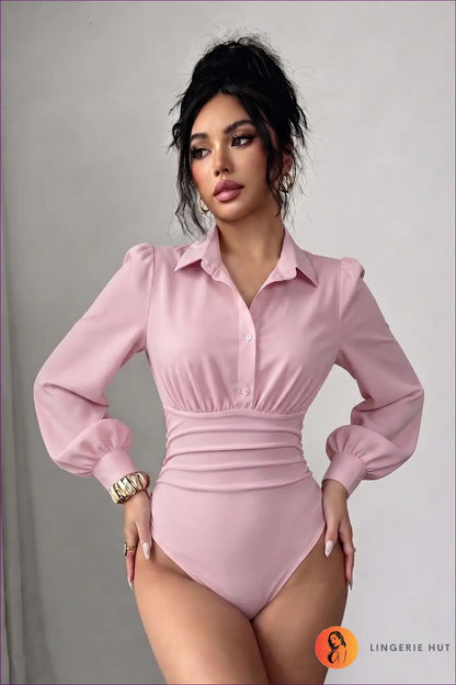 Collared Bodysuit with Puff Sleeve Detail - Office Chic - s / Pink - Tops - Everyday • just in • Polyester • Top