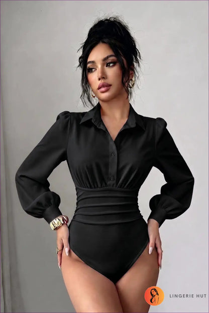 Collared Bodysuit with Puff Sleeve Detail - Office Chic - Tops - Everyday • just in • Polyester • Top - Lingerie Hut