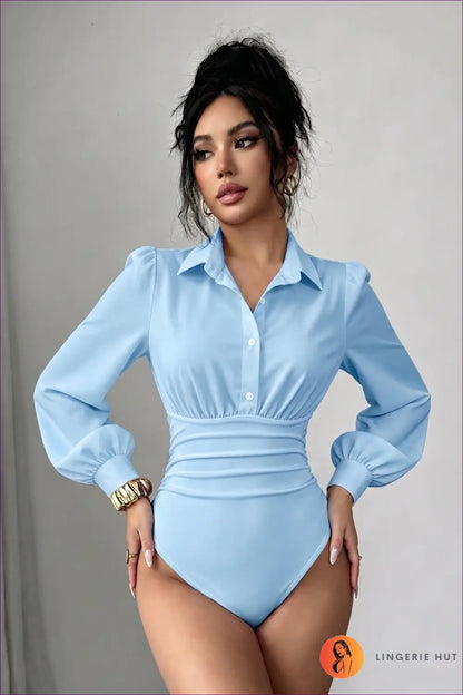 Collared Bodysuit with Puff Sleeve Detail - Office Chic - s / Skyblue - Tops - Everyday • just in • Polyester • Top