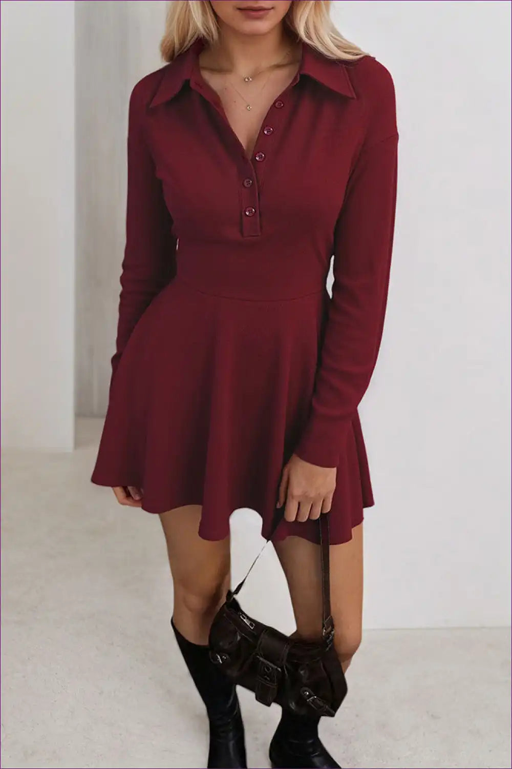 Collared Button Front Mini Dress with Flared Skirt - Smart Daywear for Autumn, Casual, Dresses, Everyday,