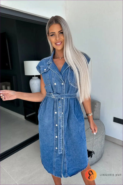 Collared Denim Midi Dress - Effortless Summer Ease - s / Blue - Dresses - Lingerie Hut - A-line • Casual • Cotton