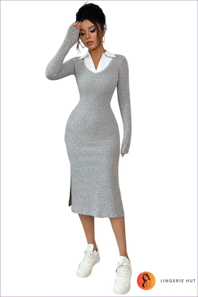Collared Knit Bodycon Midi Dress with Side Split - Modern Preppy