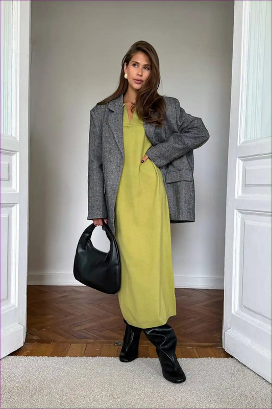 Collared Knit Maxi Dress with Relaxed Fit - Effortless Autumn for A-line, Autumn, Casual, Dress, Dresses