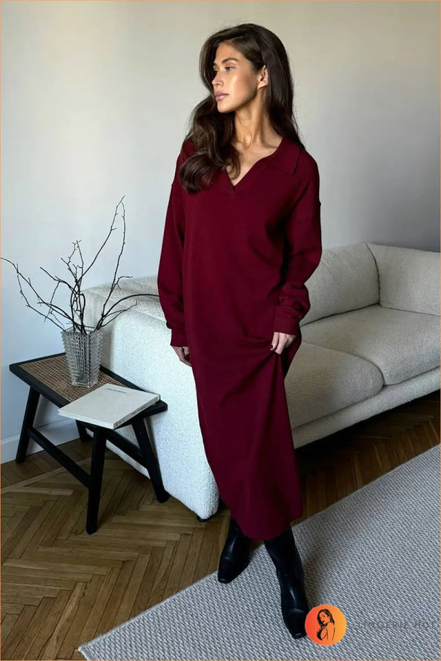Collared Knit Maxi Dress with Relaxed Fit - Effortless Autumn