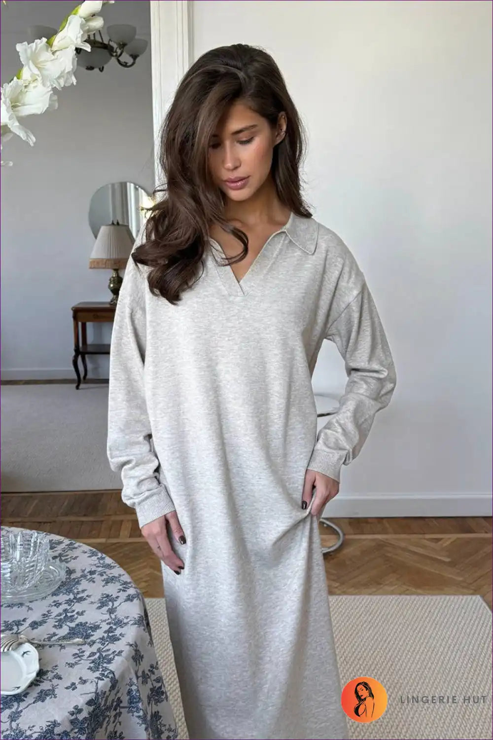 Collared Knit Maxi Dress with Relaxed Fit - Effortless Autumn for A-line, Autumn, Casual, Dress, Dresses