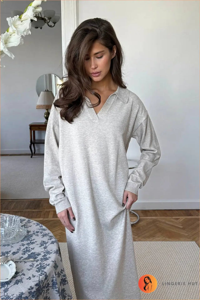 Collared Knit Maxi Dress with Relaxed Fit - Effortless Autumn
