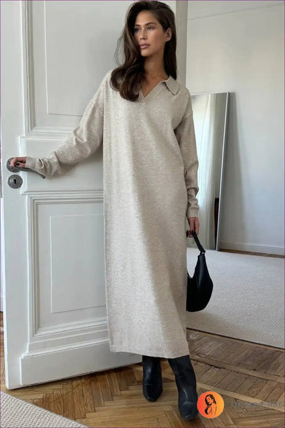 Collared Knit Maxi Dress with Relaxed Fit - Effortless Autumn for A-line, Autumn, Casual, Dress, Dresses