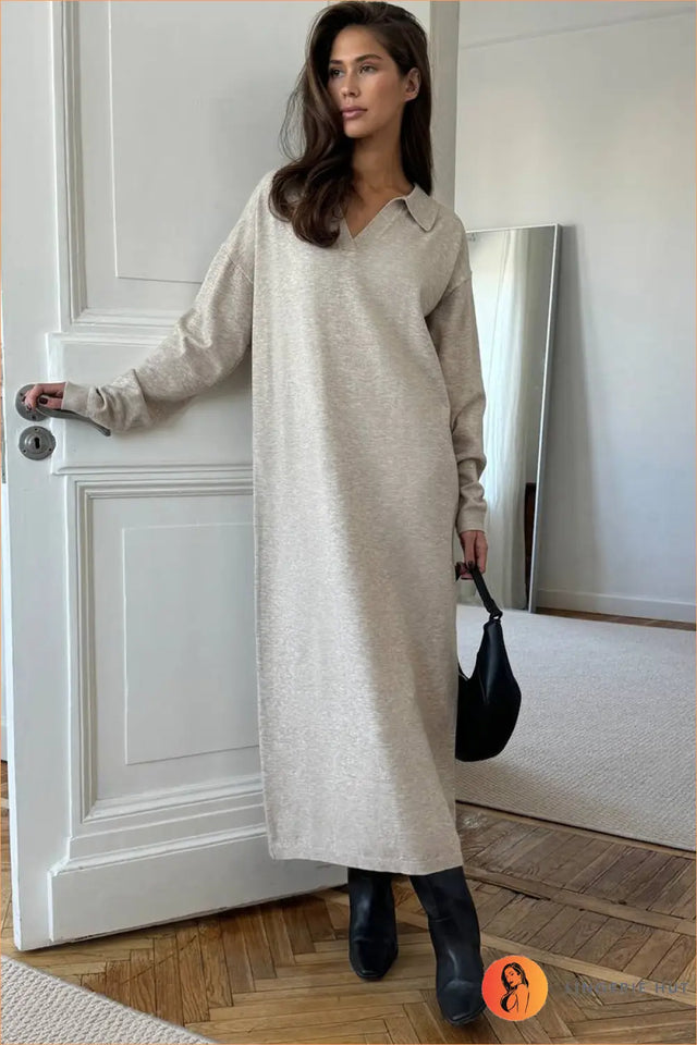 Collared Knit Maxi Dress with Relaxed Fit - Effortless Autumn