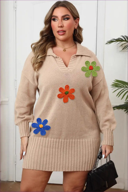 Collared Knit Sweater Dress with Floral Embroidery - Playful Polished Look for Autumn, Bodycon, Casual,