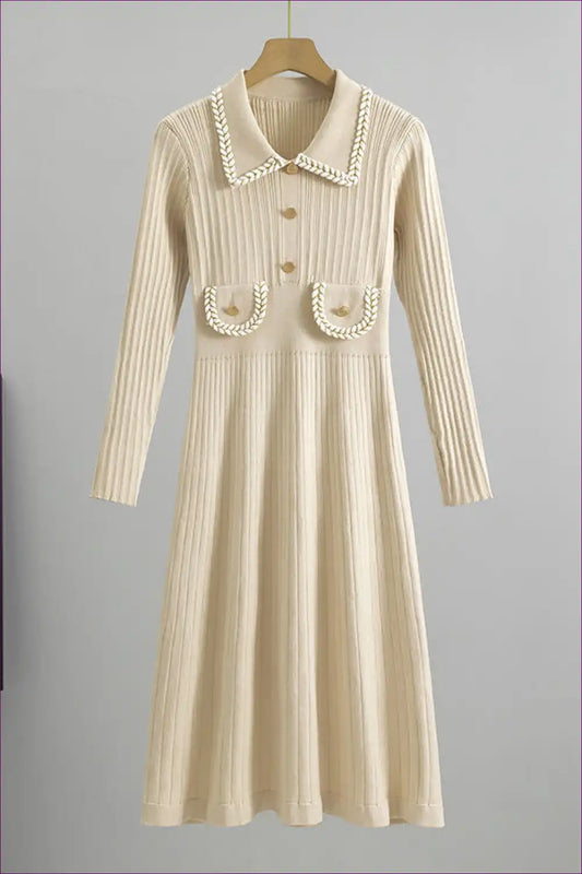 Collared Ribbed Knit Midi Dress with Braided Trim - Parisian Inspired