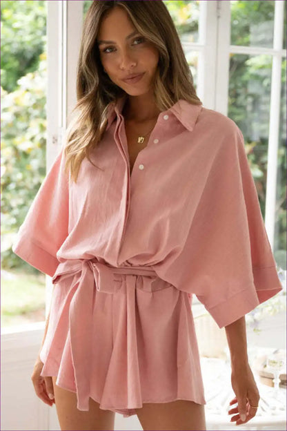 Collared Tie Waist Romper with Wide Sleeves - Effortless Lounge Edit for Casual, Everyday, just In,
