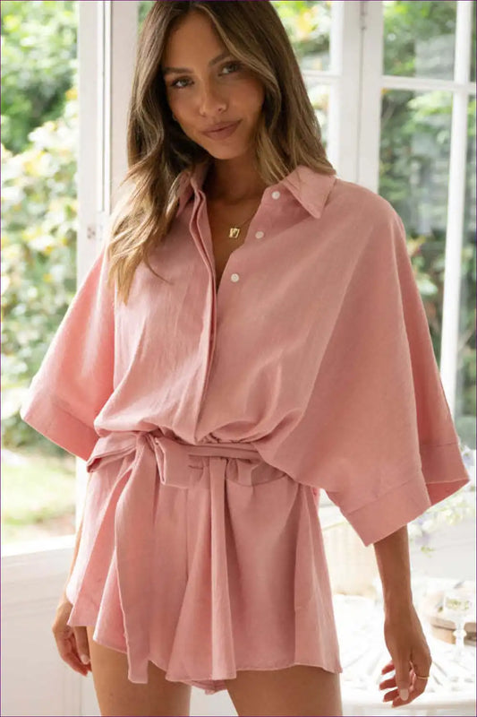 Collared Tie Waist Romper with Wide Sleeves - Effortless Lounge Edit for Casual, Everyday, just In,