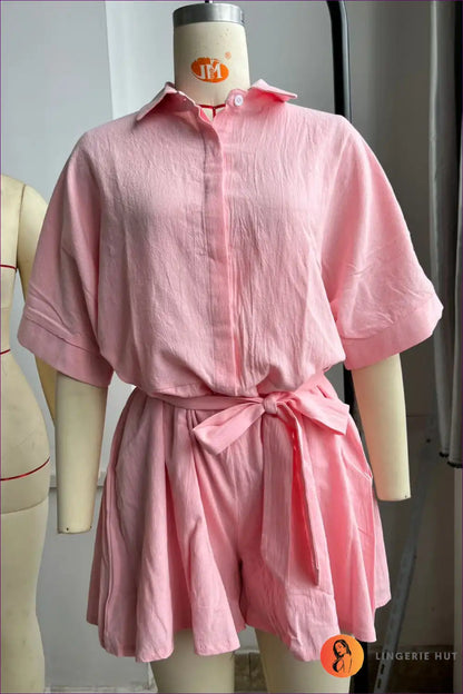 Collared Tie Waist Romper with Wide Sleeves - Effortless Lounge Edit for Casual, Everyday, just In,