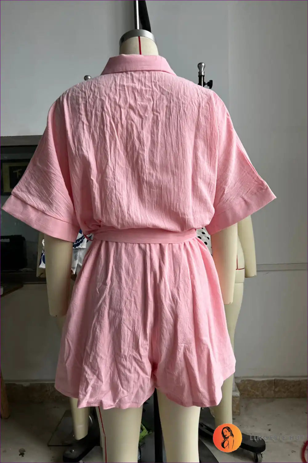 Collared Tie Waist Romper with Wide Sleeves - Effortless Lounge Edit for Casual, Everyday, just In,