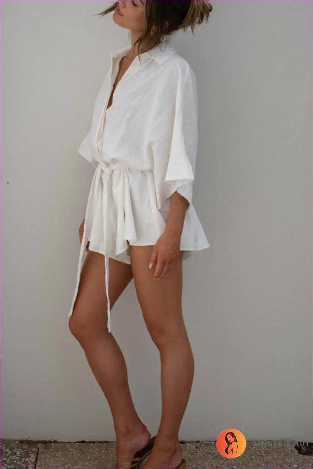 Collared Tie Waist Romper with Wide Sleeves - Effortless Lounge Edit for Casual, Everyday, just In,