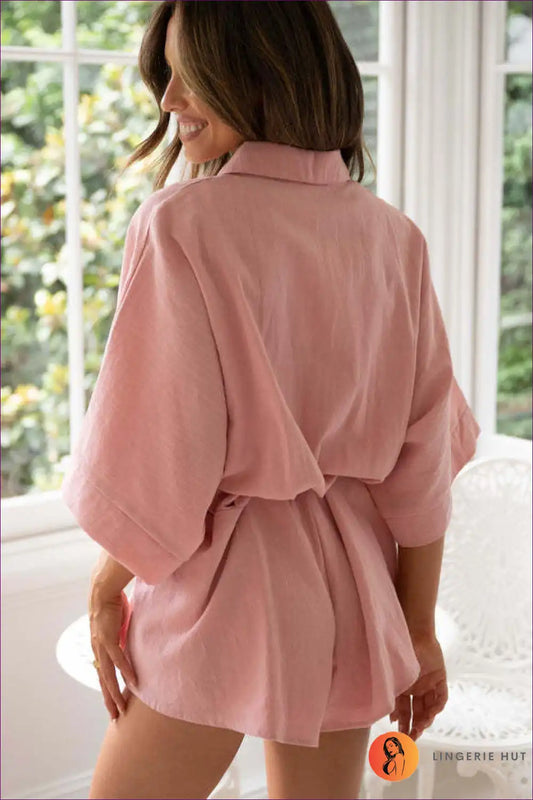 Collared Tie Waist Romper with Wide Sleeves - Effortless Lounge Edit for Casual, Everyday, just In,