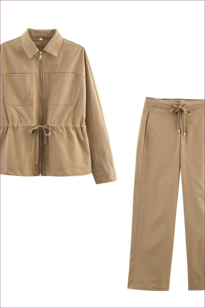 Collared Top and Wide-leg Trousers Set for City Days - Effortless Ease Casual, co Ord, Everyday, Polyester,