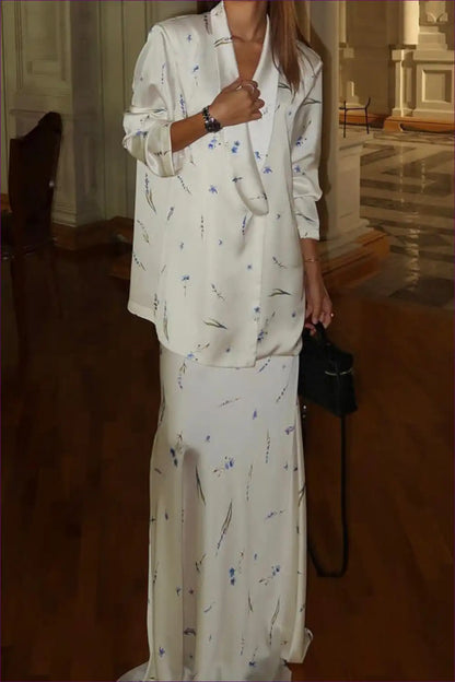 Collared V-neck Two-piece Set with Floral Midi Skirt for Casual, co Ord, Dresses, Everyday,