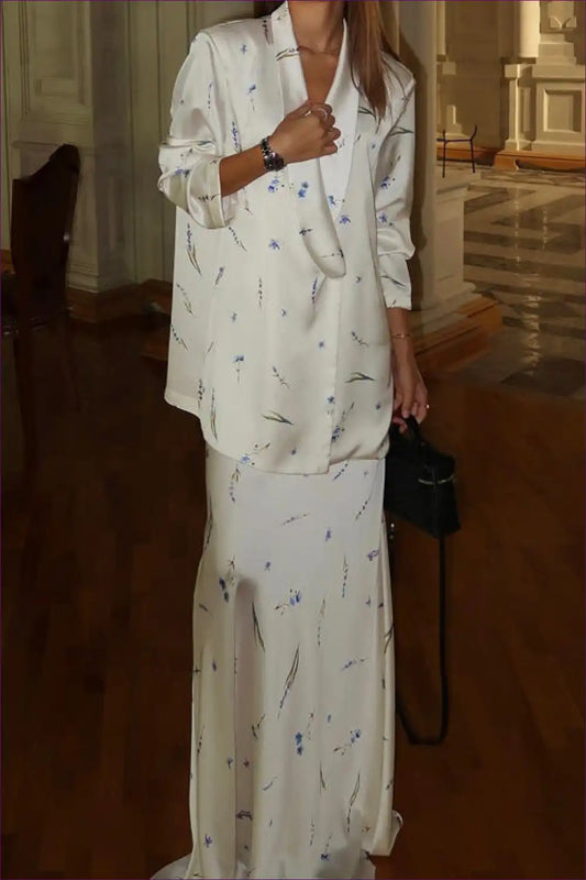 Collared V-neck Two-piece Set with Floral Midi Skirt for Casual, co Ord, Dresses, Everyday,