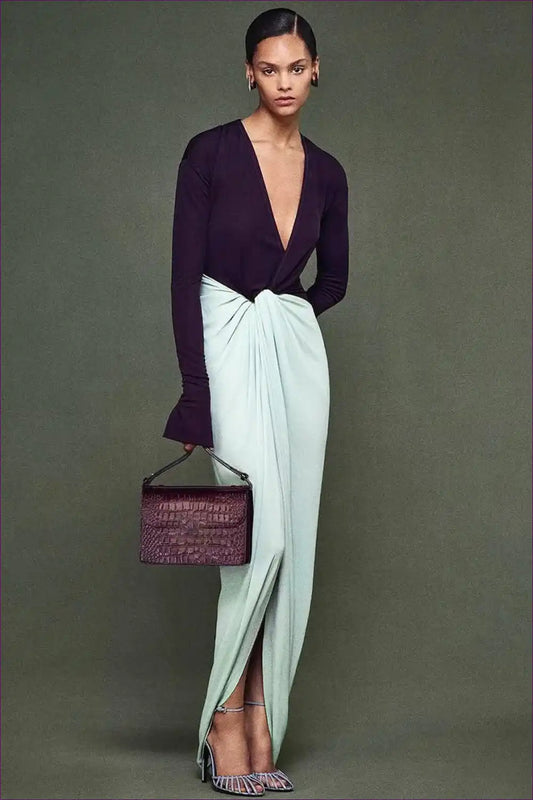 Colour Block Maxi Dress with Twist Detail - Elegant for Autumn, Dresses, Evening Wear, Formal