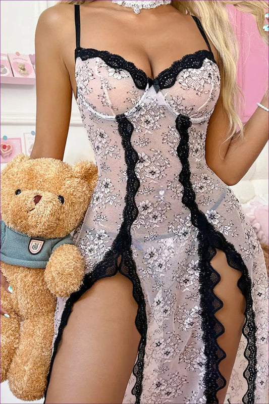 Colour Block Split Slip Dress with Bow-trim - Lace Detail for Dresses, Evening Wear, Lace, Nightdress,