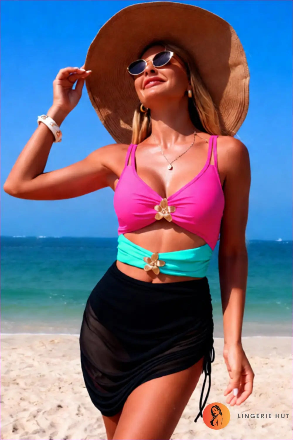 Colour Block Swim Set with Flower Hardware - Coastal Cocktail Hour - s / Rose Red - Two-piece - Beachwear • Boho