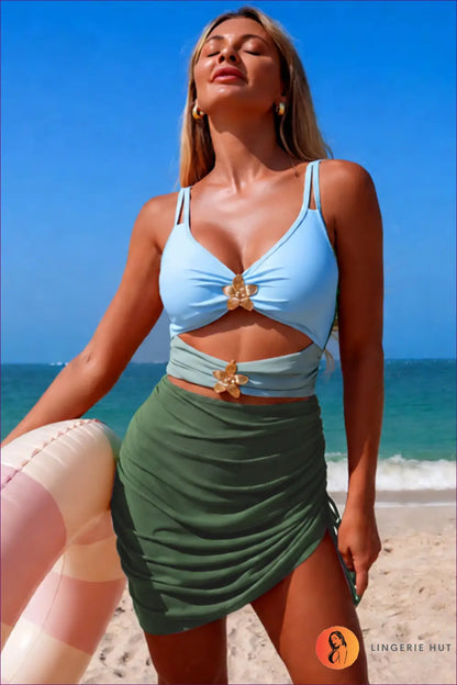 Colour Block Swim Set with Flower Hardware - Coastal Cocktail Hour - m / Green Stitching - Two-piece - Beachwear • Boho