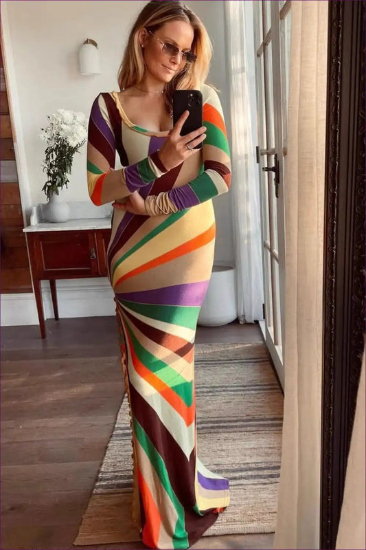 Colourblock Bodycon Maxi Dress with Side Split for All Season, Beachwear, Bodycon, Casual, Evening Wear