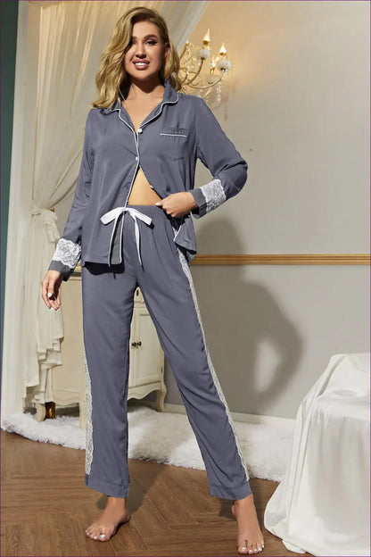 Stay Cozy And Chic In This Lounge Pyjama Set Crafted From Soft Polyester Adorned With Lace Details. Perfect