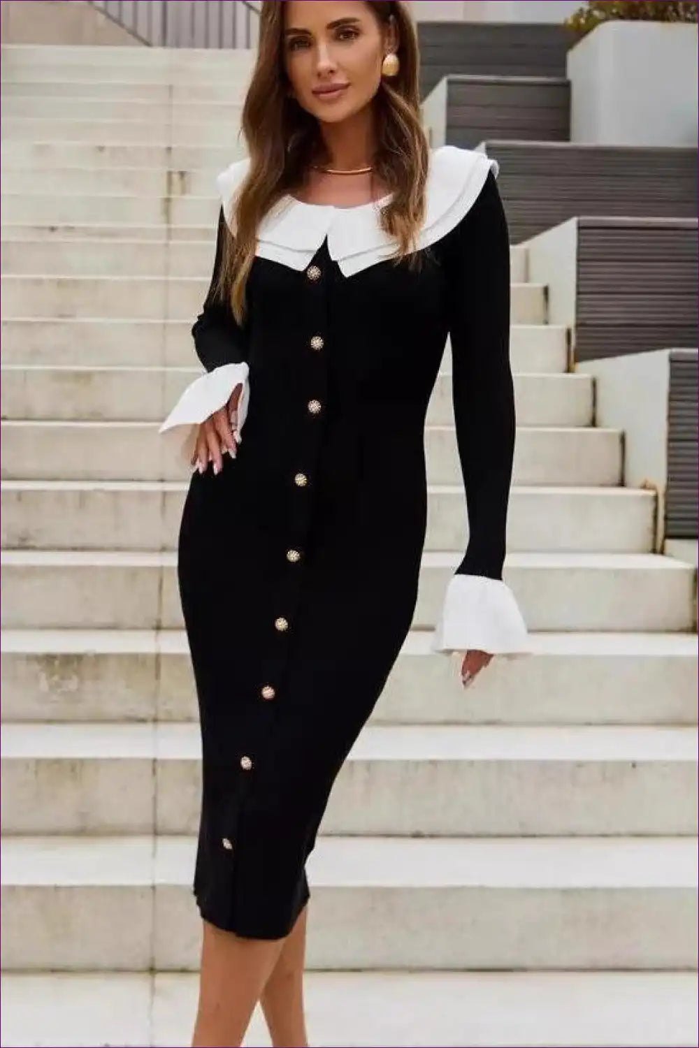 Contrast Collar Button Midi Sweater Dress - Modern Vintage Mood for Autumn, Bodycon, Casual, Everyday, Formal