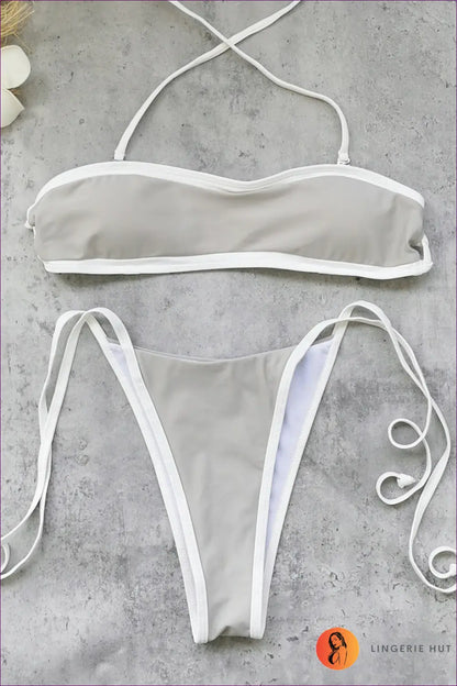 Contrast-piped Bandeau Bikini with Tie Side - Sandbar Line - s / Multi1 - Swimwear - Beachwear • Casual • High Leg